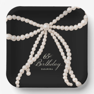 65th Birthday Party Black White Pearl Bow Elegant Paper Plate