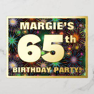 65th Birthday Party: Bold, Colourful Fireworks Loo Foil Invitation Postcard