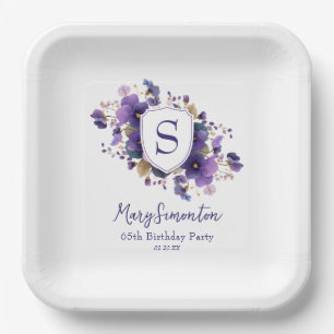 65th Birthday Party Classic Monogram Crest Paper Plate
