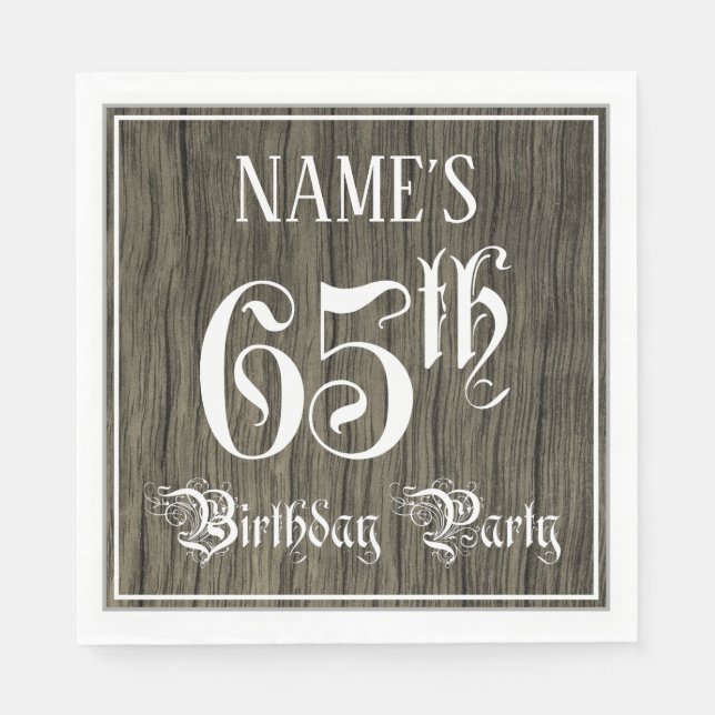 65th Birthday Party — Fancy Script, Faux Wood Look Napkin (Front)