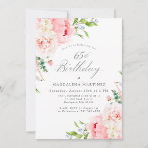 65th Birthday Party Feminine Pink Roses Floral Inv Invitation