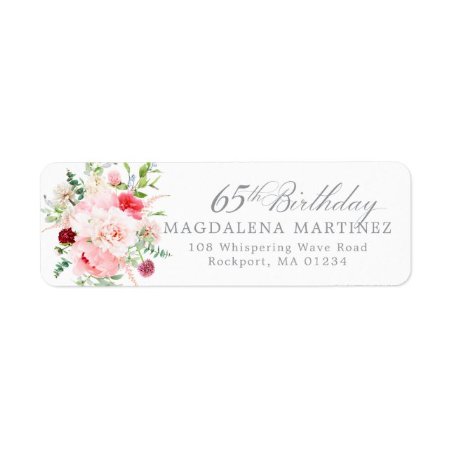 65th Birthday Party Floral Return Address Label (Front)