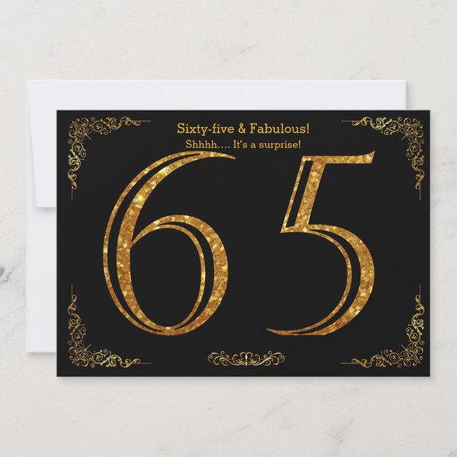 65th Birthday party,Gatsby styl,black gold glitter Invitation (Front)