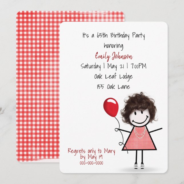 65th Birthday Party Girl with Red Balloon   Invitation (Front/Back)