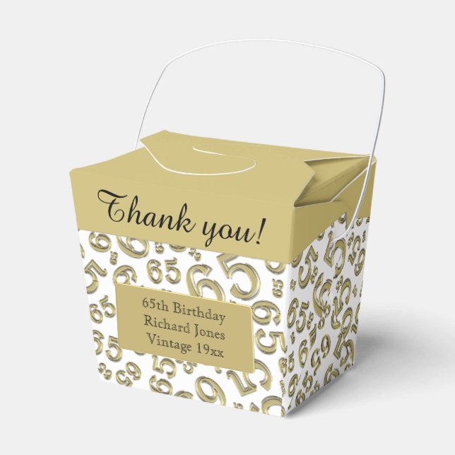 65th Birthday Party Gold/White Number Pattern Favor Box (Front Side)