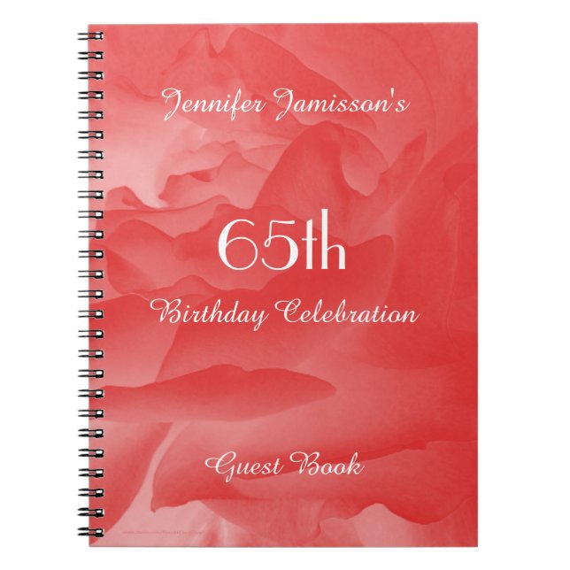 65th Birthday Party Guest Book, Coral Rose Notebook (Front)