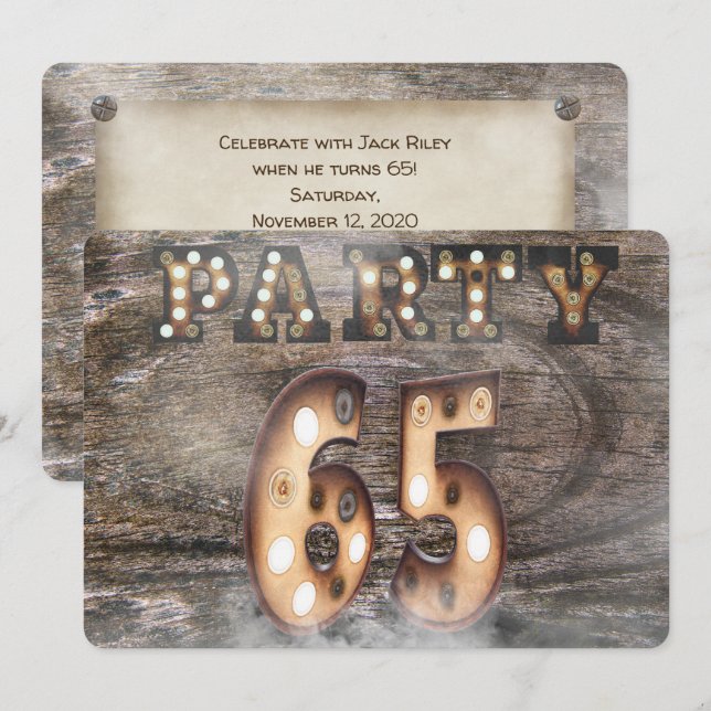 65th birthday party in marquee lights invitation (Front/Back)