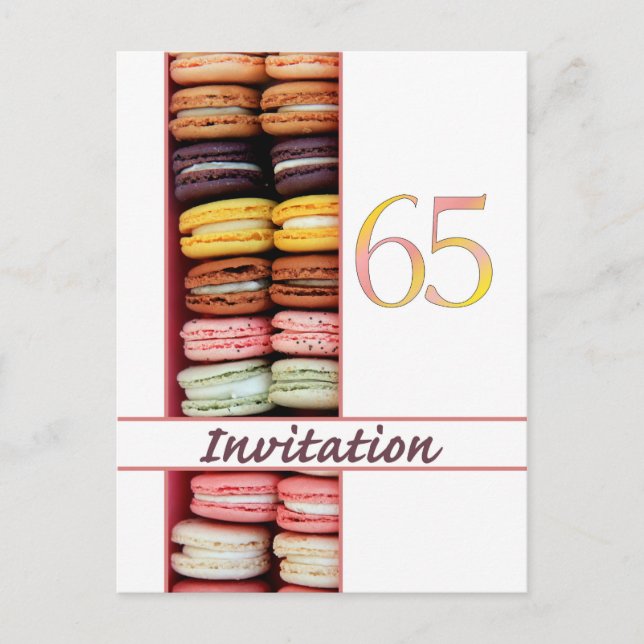 65th Birthday party invitation macaron Postcard (Front)