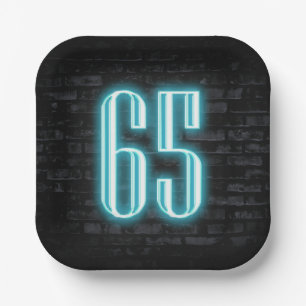 65th Birthday Party Neon Sign on Brick Paper Plate
