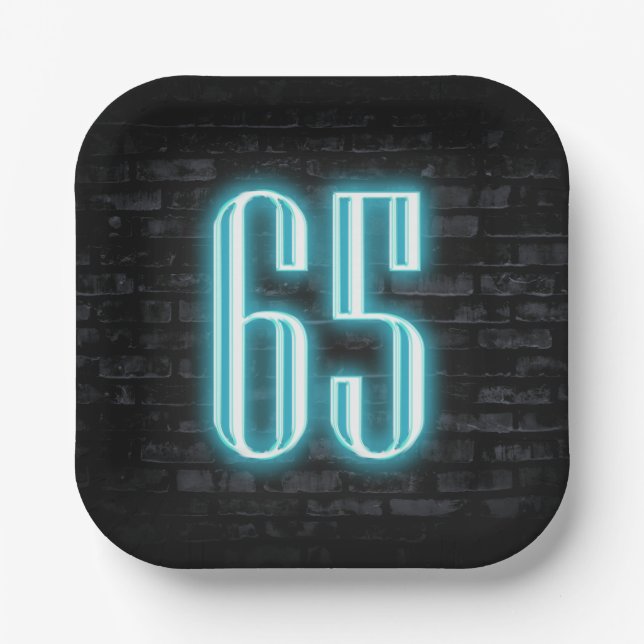 65th Birthday Party Neon Sign on Brick  Paper Plate (Front)