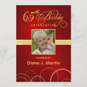 65th Birthday Party Photo Invitations Elegant Red