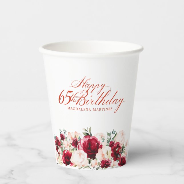 65th Birthday Party Red Rose Pink Peony Custom Paper Cups (Front)