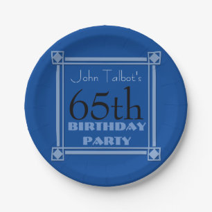 65th birthday Party Retro Frame Blue paper Plates