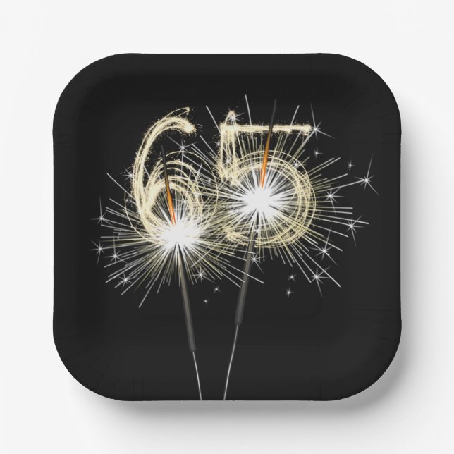 65th Birthday Party Sparklers on Black Paper Plate (Front)