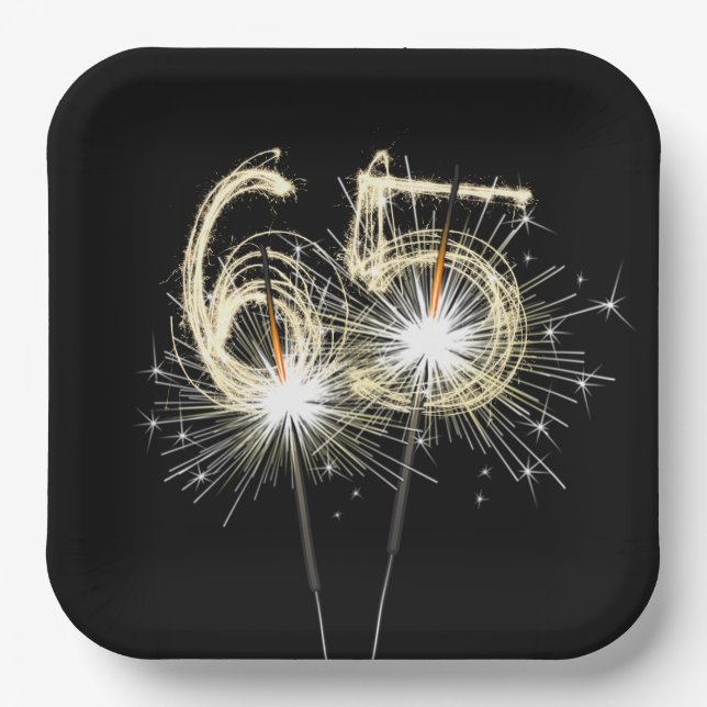 65th Birthday Party Sparklers on Black   Paper Plate (Front)
