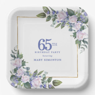 65th Birthday Party White Rose Blue Floral Custom Paper Plate