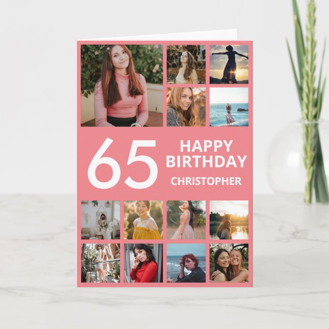 65th Birthday Photo Collage 13 Photos Pink & White Card (Front)