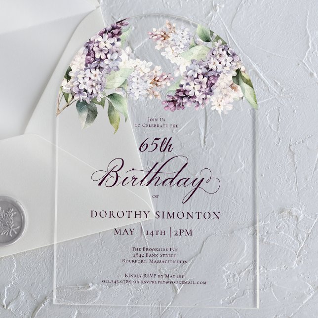 65th Birthday Purple Spring Lilac Flower Arch Acrylic Invitations (Creator Uploaded)