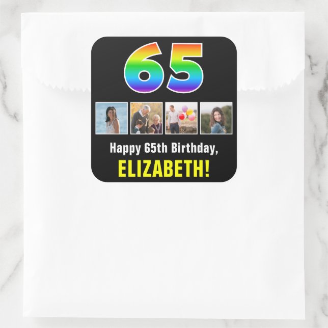 65th Birthday: Rainbow “65”; Custom Photos & Name Square Sticker (Bag)