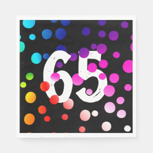 65th Birthday Rainbow Dots on Black Napkin