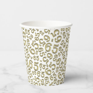65th Birthday Random Number Pattern Gold/White 65 Paper Cups