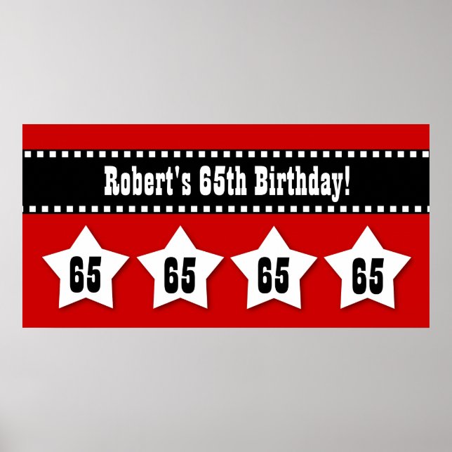 65th Birthday Red Black White Stars Banner V65S Poster (Front)
