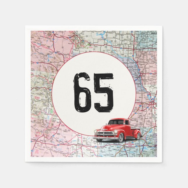 65th Birthday Red Retro Truck on Road Map Napkin (Front)