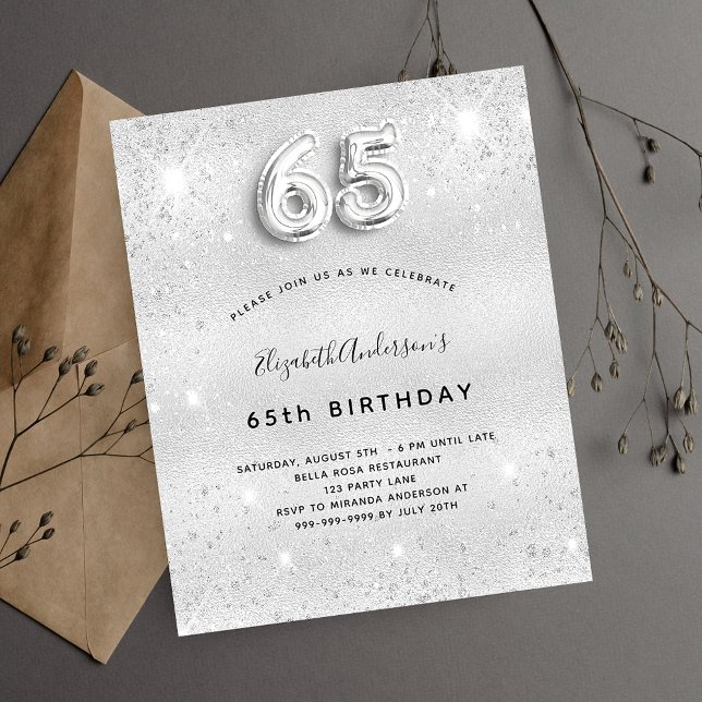 65th birthday silver glitter budget invitation flyer (Creator Uploaded)