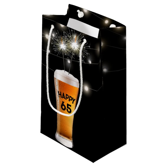65th Birthday Sparkler In Beer Small Gift Bag (Front Angled)