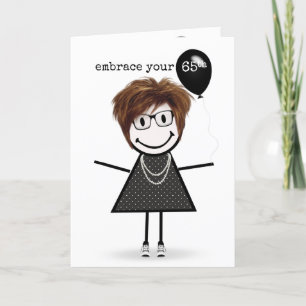 65th Birthday Stick Figure Girl with Balloon Card