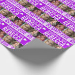 65th birthday three photos purple wonderful wife wrapping paper<br><div class="desc">Graphic purple,  and white with a little white heart wonderful wife birthday wrapping paper. Bright graphic birthday wrap with three placeholders for your own photos and to customize with your own name,  age,  and inside message. A matching birthday card is also available. Unique design by Sarah Trett for www.mylittleeden.com</div>