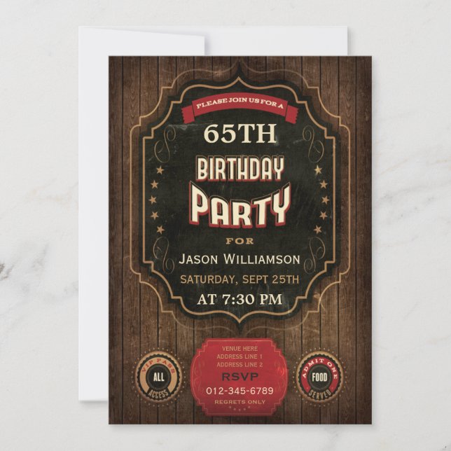 65th Birthday Vintage Chalkboard & Wood Invitation (Front)