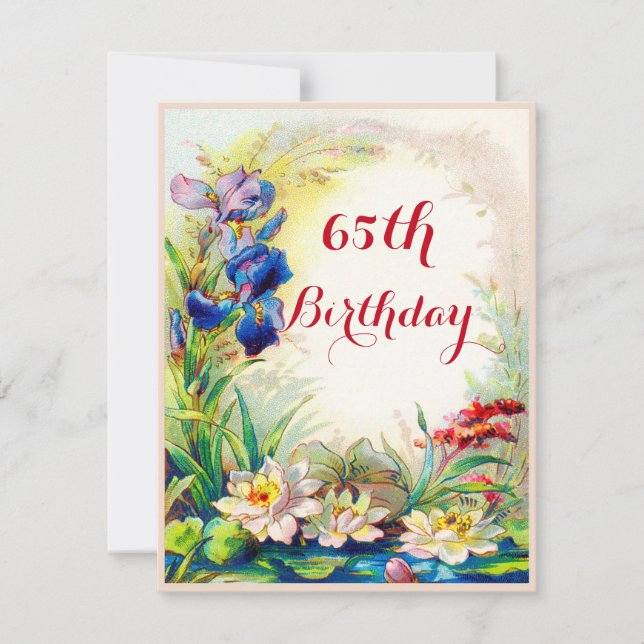 65th Birthday Vintage Waterlilies and Iris Flowers Invitation (Front)