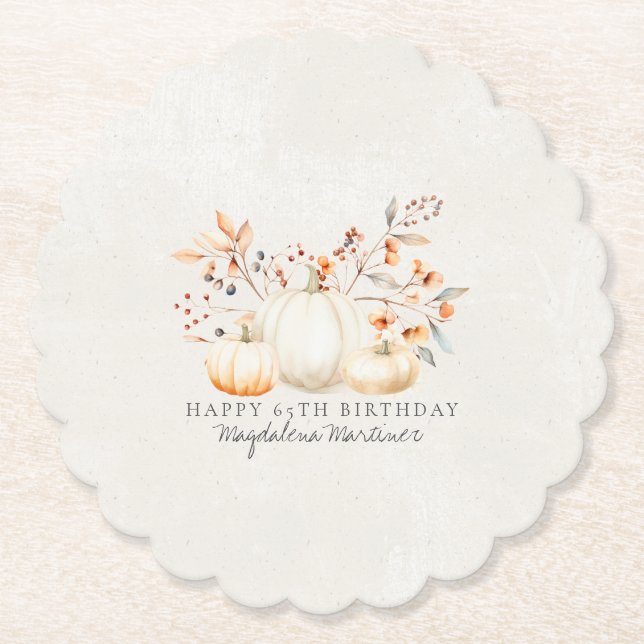 65th Birthday White Pumpkin Fall Leaves Custom Paper Coaster (Front)