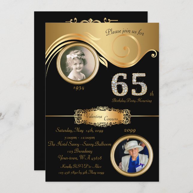 65th,Birthday Woman 65th,elegant art deco,black Invitation (Front/Back)