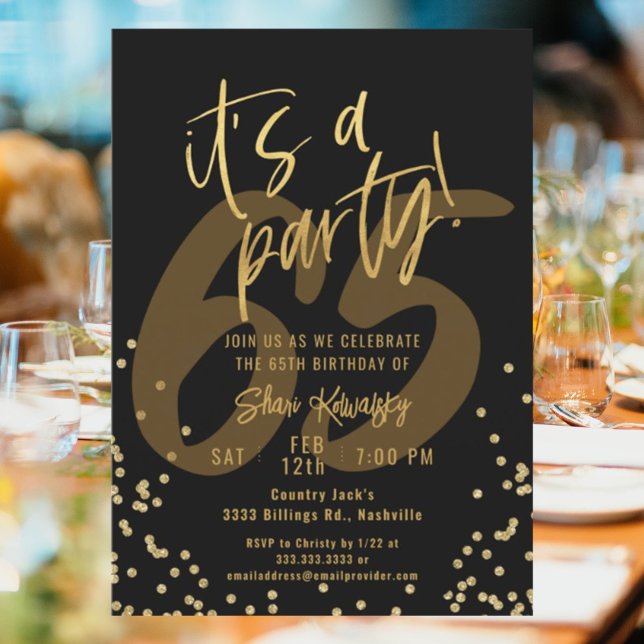 65th Black and Gold Fun Birthday Party Invitation (Creator Uploaded)