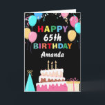 65th Happy Birthday Colourful Balloons Cake Black Card<br><div class="desc">65th Happy Birt5hday Colourful Balloons Cake Black with personalized name. For further customization,  please click the "Customize it" button and use our design tool to modify this template.</div>