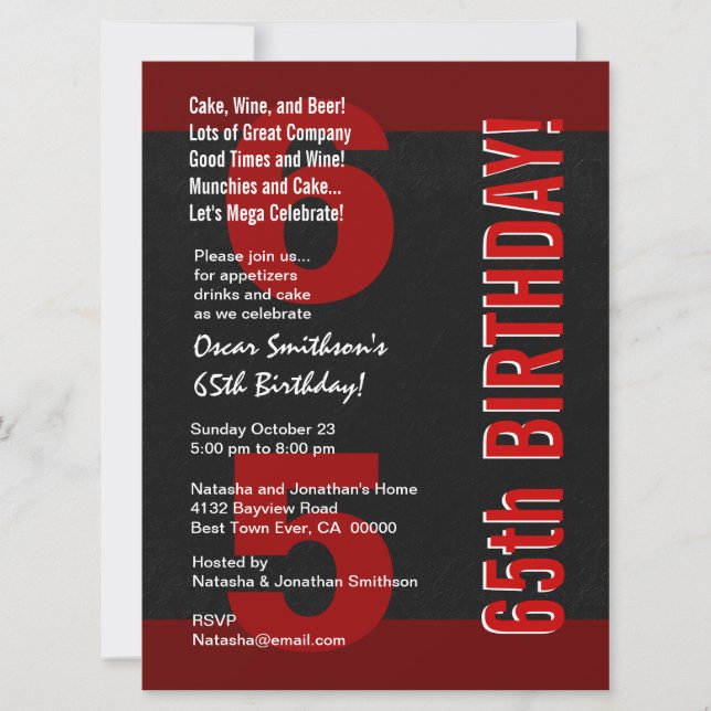 65th Modern Birthday Black White Red F430 Invitation (Front)