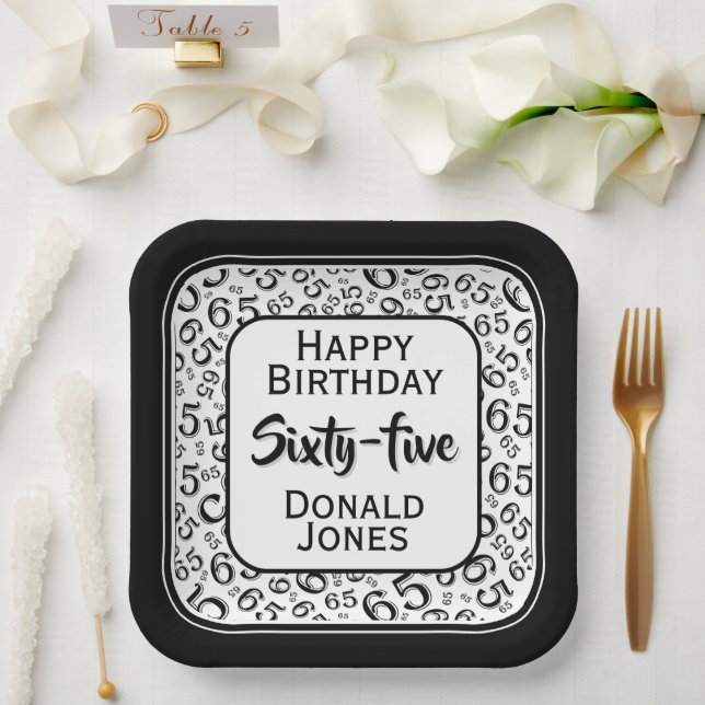 65th Party Random Number Pattern Black/White Paper Plate (Wedding)