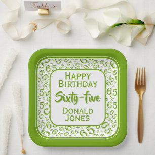 65th Party Random Number Pattern Green/White Paper Plate