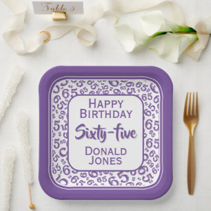 65th Party Random Number Pattern Purple/White Paper Plate