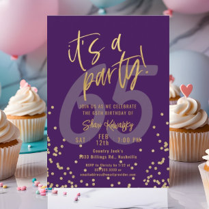 65th Purple and Gold Fun Birthday Party Invitation