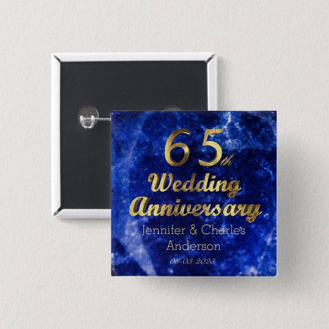 65th Sapphire Wedding Anniversary Gold Typography 2 Inch Square Button (Front & Back)