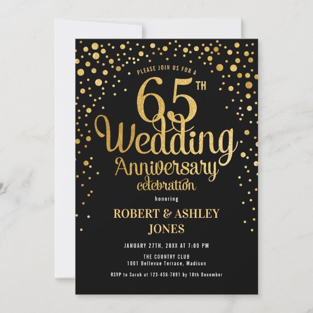 65th Wedding Anniversary - Black & Gold Invitation (Front)