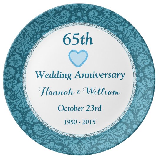 65th Wedding Anniversary Blue Damask and Lace M05C Plate