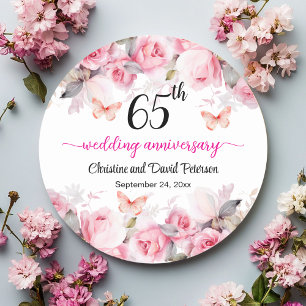 65th Wedding Anniversary Elegant Blush Roses Classic Round Sticker