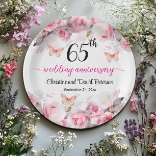 65th Wedding Anniversary Elegant Blush Roses Paper Plate