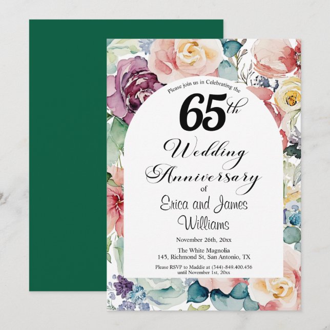 65th Wedding Anniversary Elegant Script Floral Invitation (Front/Back)