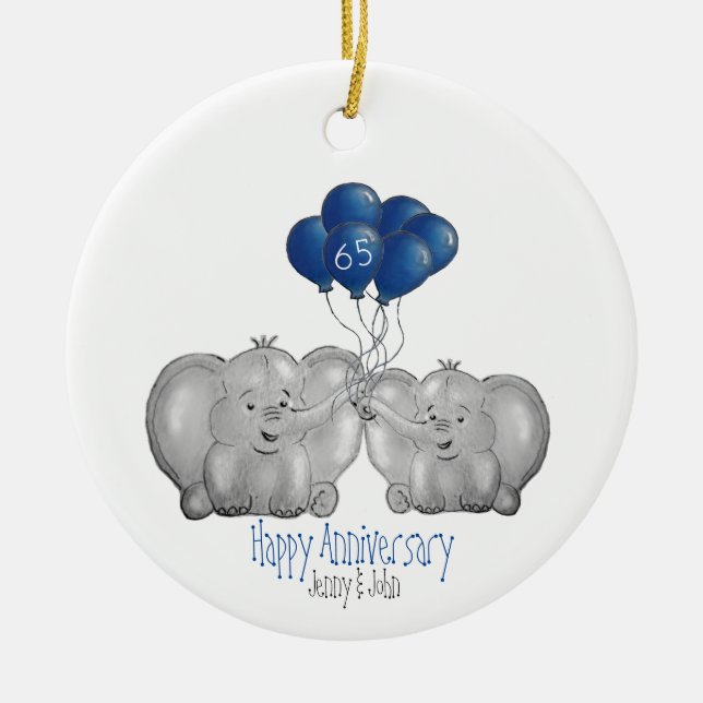 65th wedding anniversary elephant husband & wife ceramic ornament (Front)