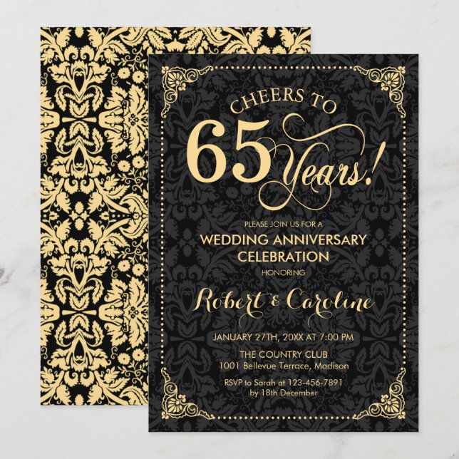 65th Wedding Anniversary - Gold Black Damask Invitation (Front/Back)
